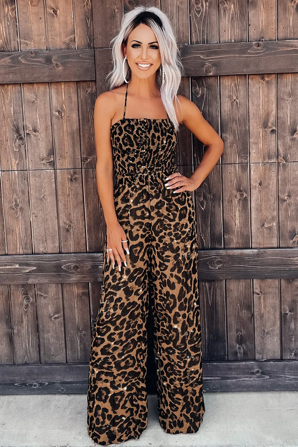 Leopard Print Halter Neck Backless Wide Leg Jumpsuit