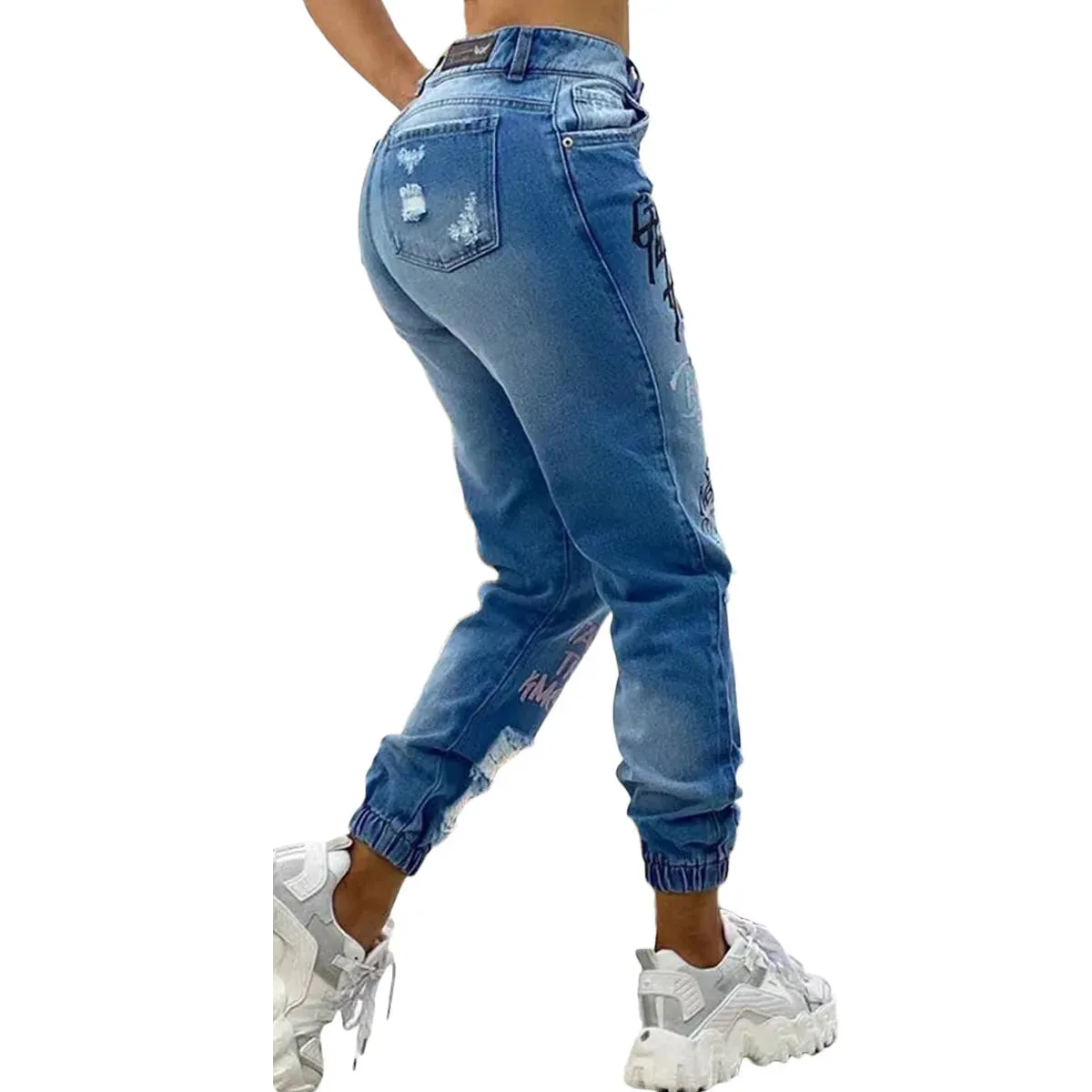 Letter Print Slant Pocket Ripped Jeans Casual Jeans Women