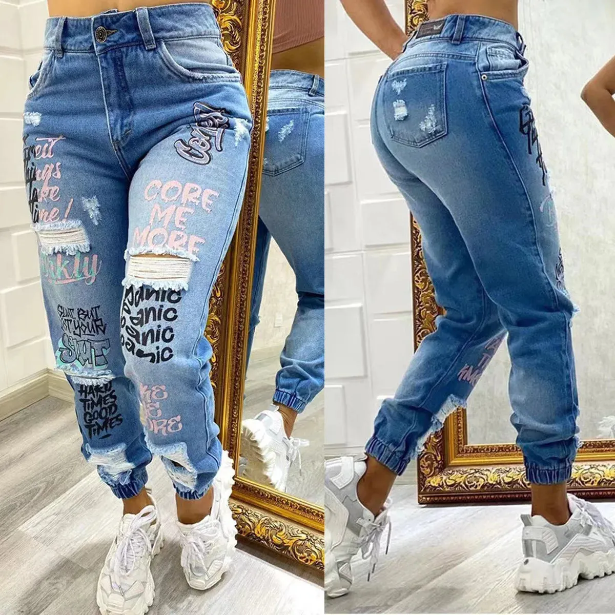 Letter Print Slant Pocket Ripped Jeans Casual Jeans Women