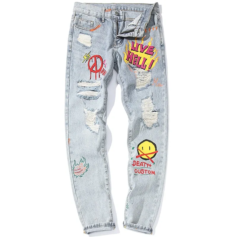 Letter Printed Ripped Loose Jeans