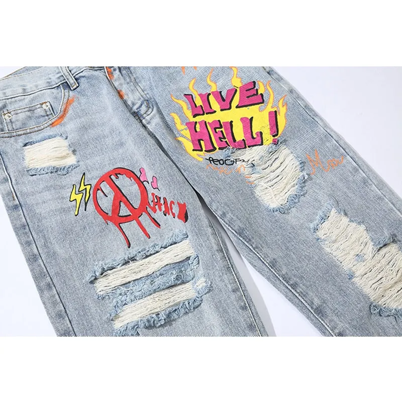 Letter Printed Ripped Loose Jeans