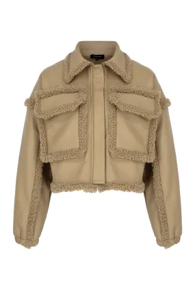 LIGHT BROWN VEGAN LEATHER TEDDY DETAILED JACKET