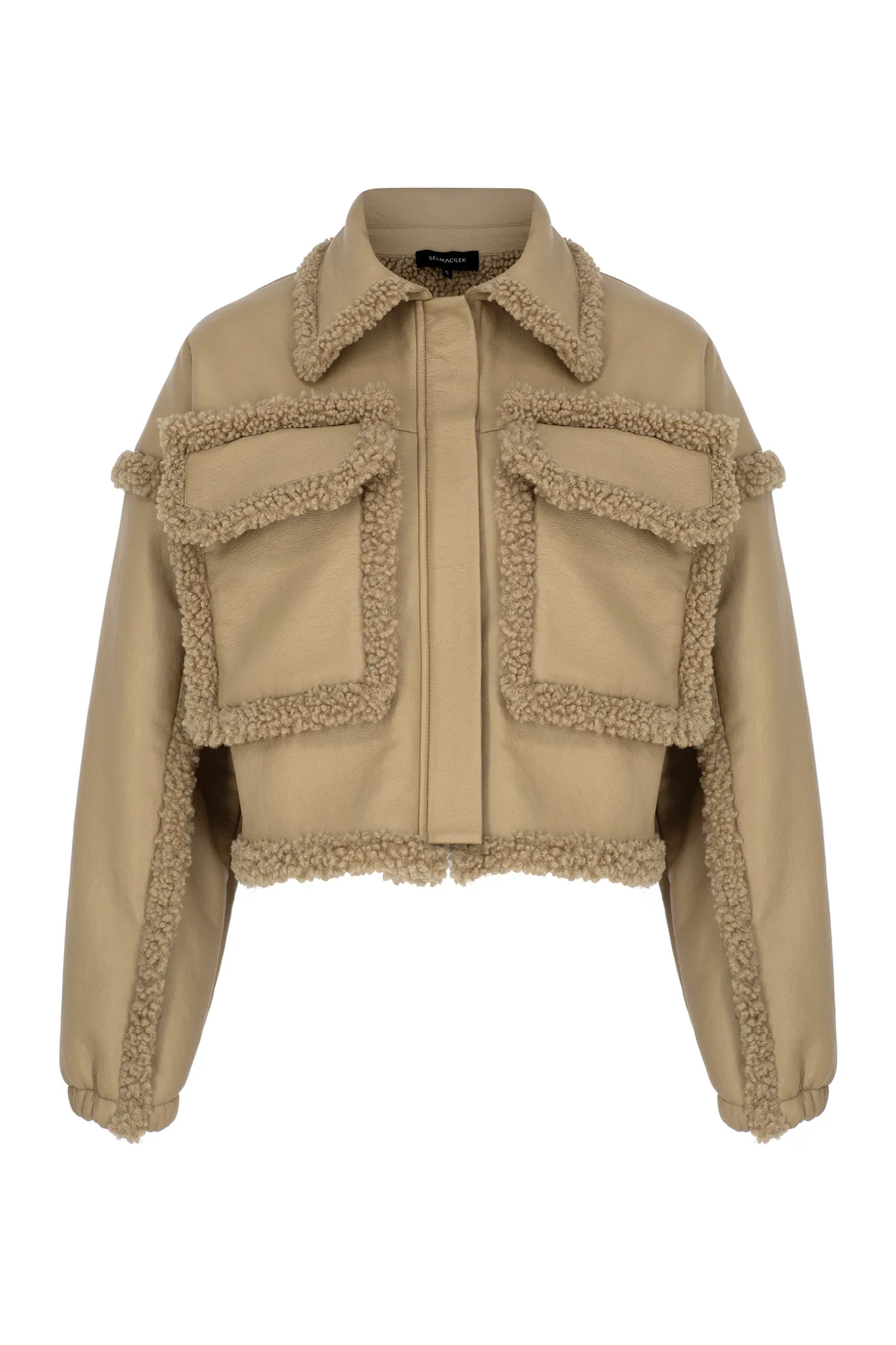 LIGHT BROWN VEGAN LEATHER TEDDY DETAILED JACKET