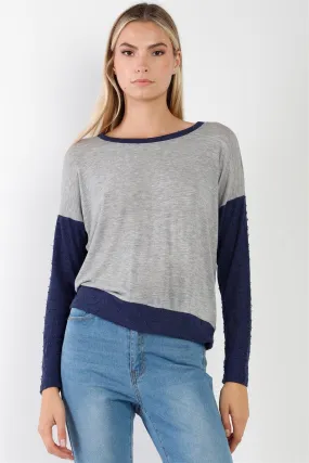 Lightweight Knit Grey Navy Distress Detailing Top /1-2-2