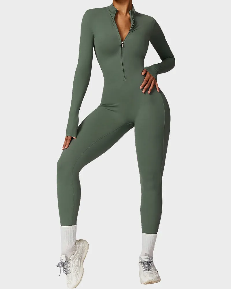 Lightweight Zipper Front Fitted Workout Jumpsuit