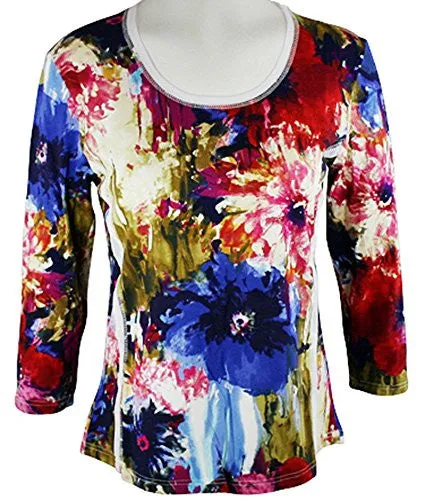 Lior Paris - Floral Colors, Geometric Floral Patterned Top, Trimmed Scoop Neck