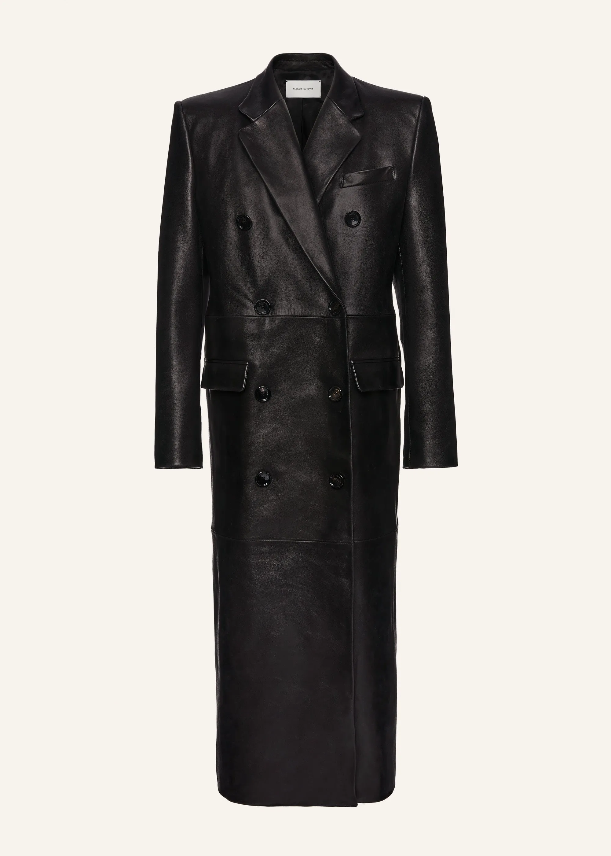 Long leather tailored coat in black