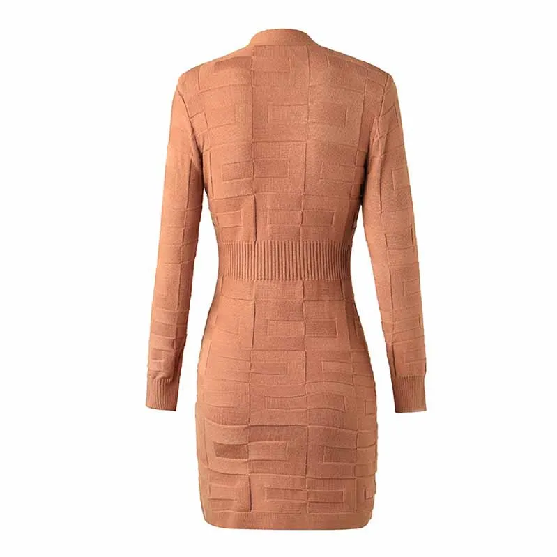 Long Sleeve High Waist Double Breasted Mini Knitted Dress Pink Rust