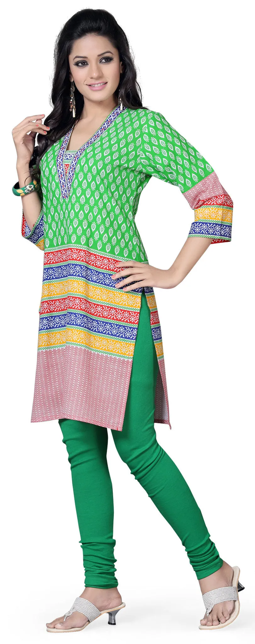 Long Tunic Top Kurti Womens Embroidered Cotton Indian Apparel (Green)