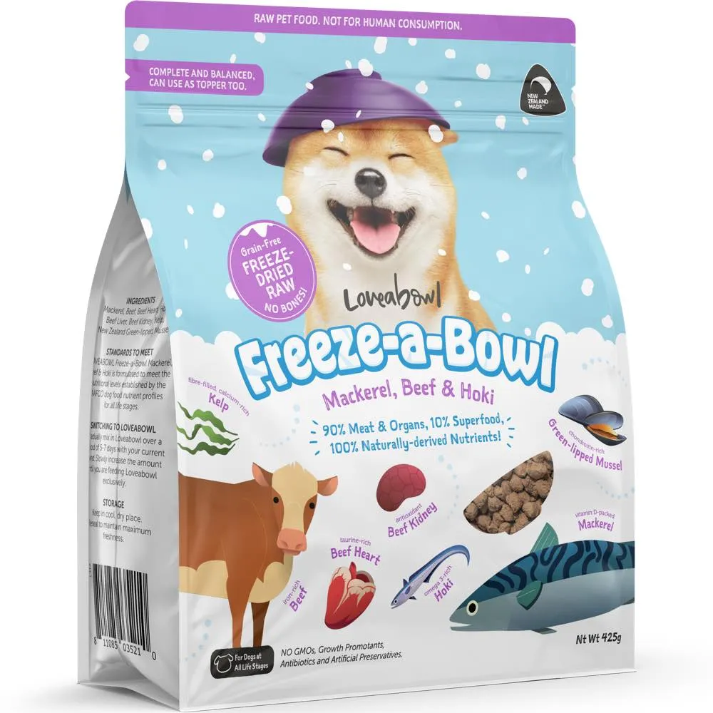 Loveabowl Freeze-A-Bowl Mackerel, Beef & Hoki Grain-Free Freeze-Dried Raw Dog Food