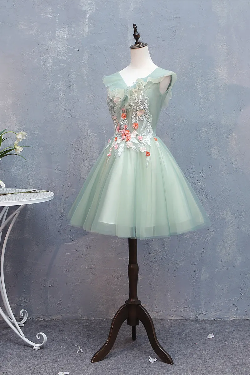 Lovely Short Tulle V-neckline with Flower Lace Party Dress Homecoming Dress, Short Formal Dresses