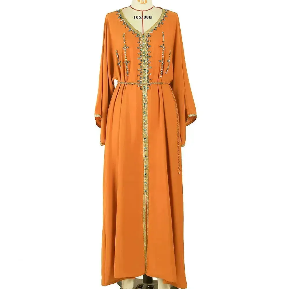 Luxury Hand-stitched Diamond Sleeve Dress Middle East Dubai Abaya Dress Fancy Summer Abaya Turkey Embellished Abaya dress