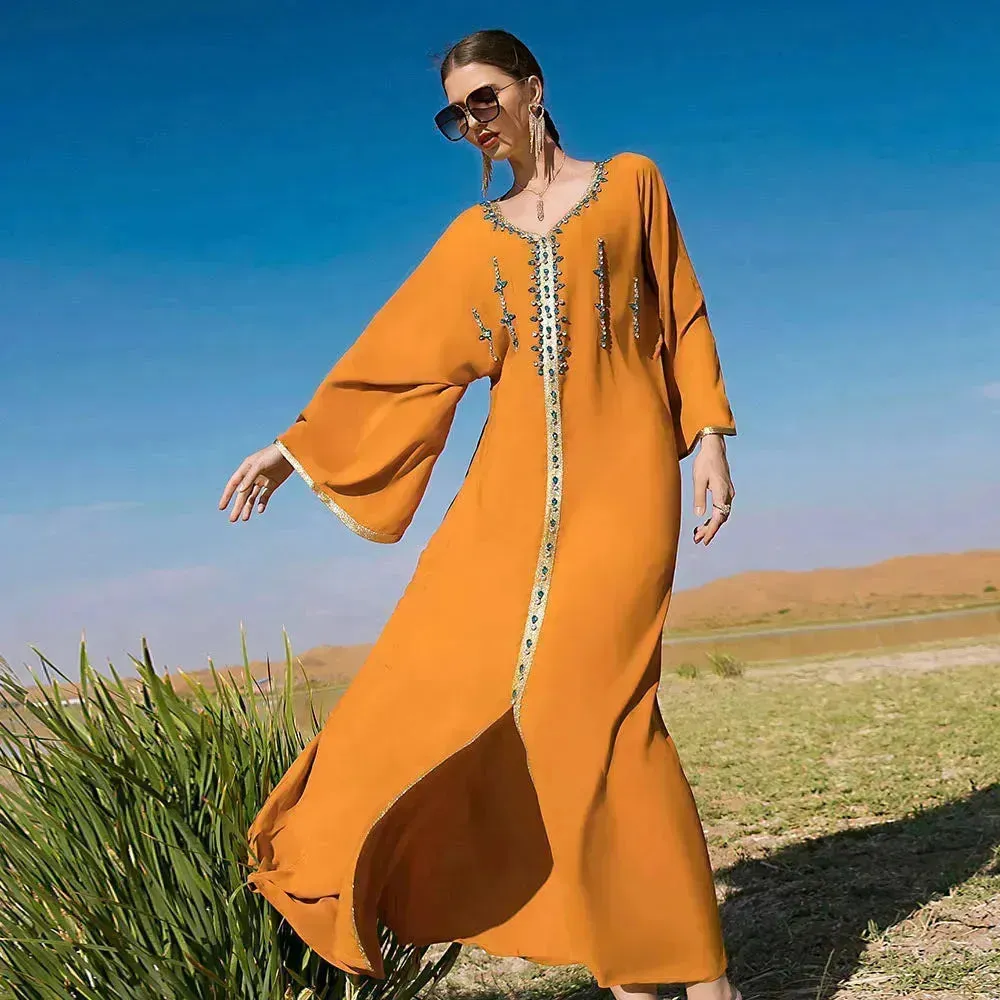 Luxury Hand-stitched Diamond Sleeve Dress Middle East Dubai Abaya Dress Fancy Summer Abaya Turkey Embellished Abaya dress