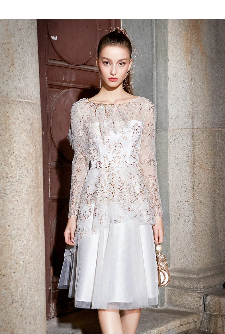 Luxury layered mesh embroidered french lace wedding dress - Tena