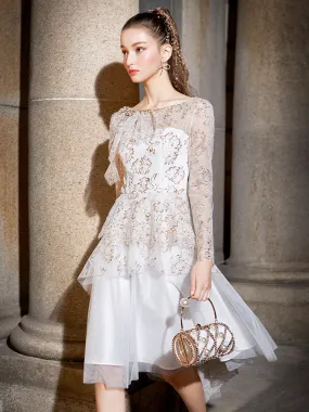 Luxury layered mesh embroidered french lace wedding dress - Tena