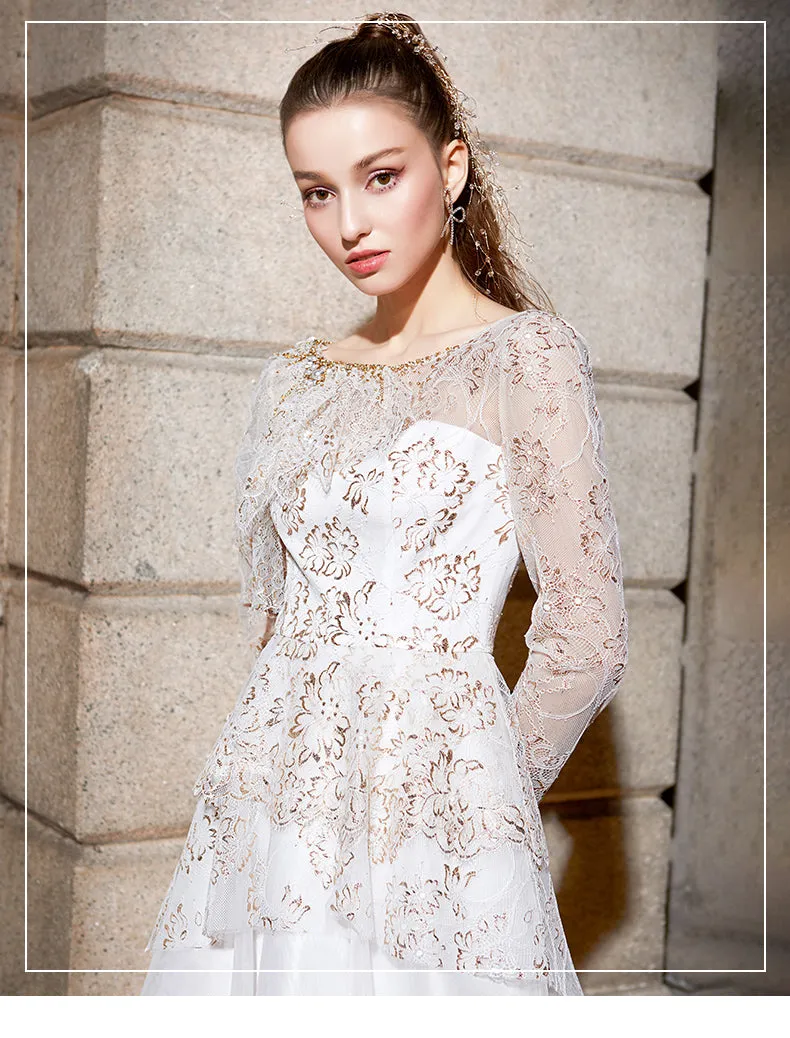 Luxury layered mesh embroidered french lace wedding dress - Tena