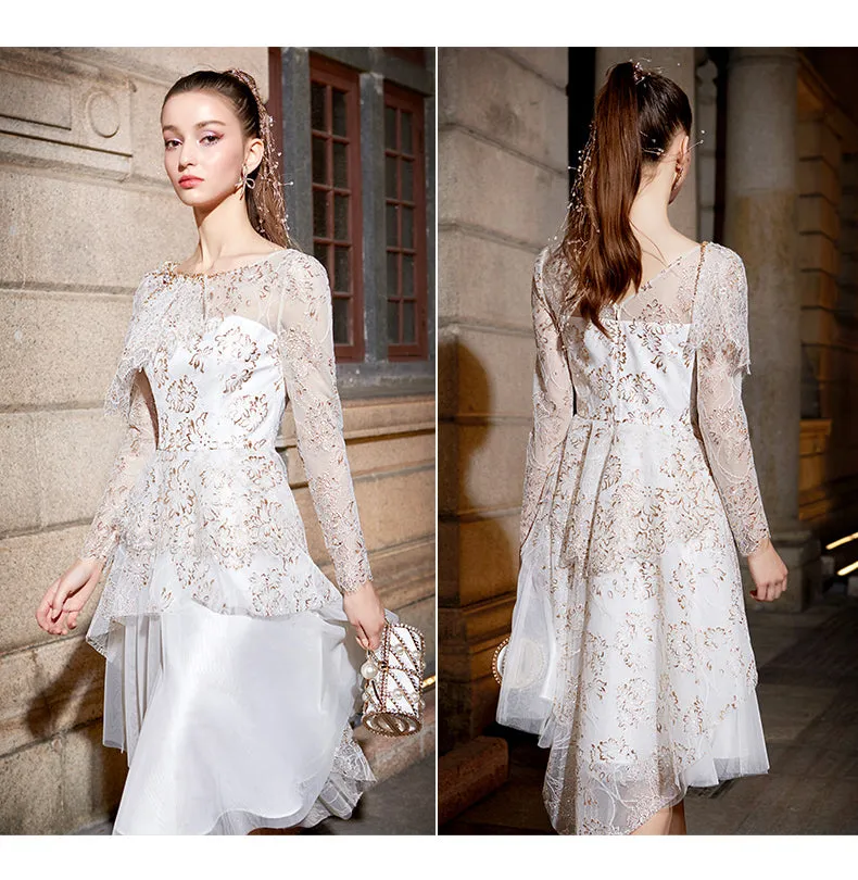 Luxury layered mesh embroidered french lace wedding dress - Tena