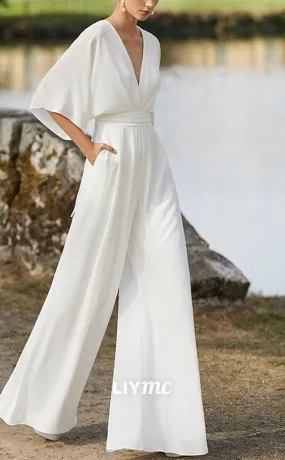 LW930 - Jumpsuit V-Neck Sleek Satin Long Sleeves Beach Wedding Dress