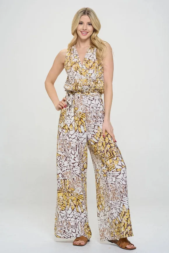 Made in USA Print V Neck Sleeveless Jumpsuit with Tie Multi-Colored