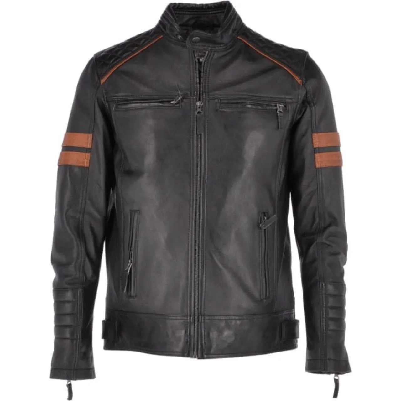 Men’s Black Leather Quilted Sheepskin Jacket with Tan Lining