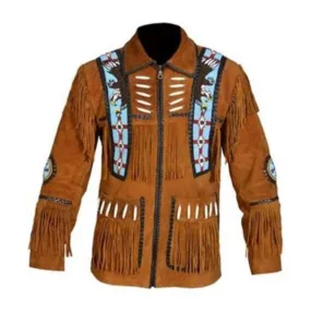 Men's Brown Cowboy Genuine Suede Jacket, Cowboy Suede Jacket With Fringes