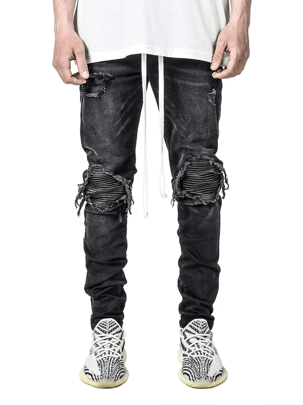 Men's Motorcycle Ripped Black Elastic Leg Jeans