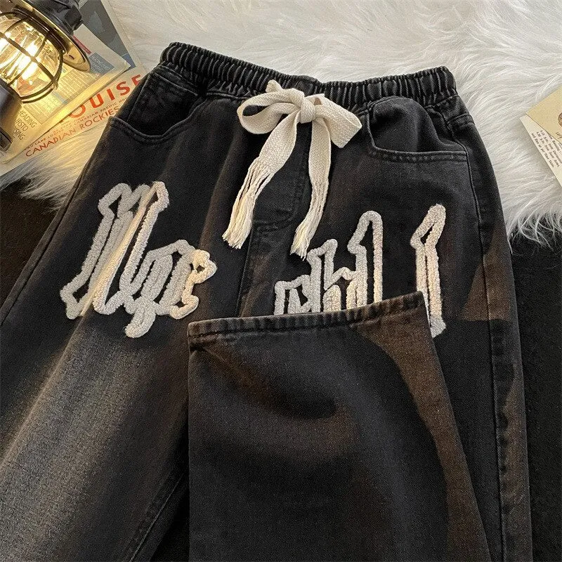 Men's Y2K Letter Embroidery Clothes Baggy Jeans Elastic Drawstring Wide Jogger Pants Streetwear For Men Korean Style Black