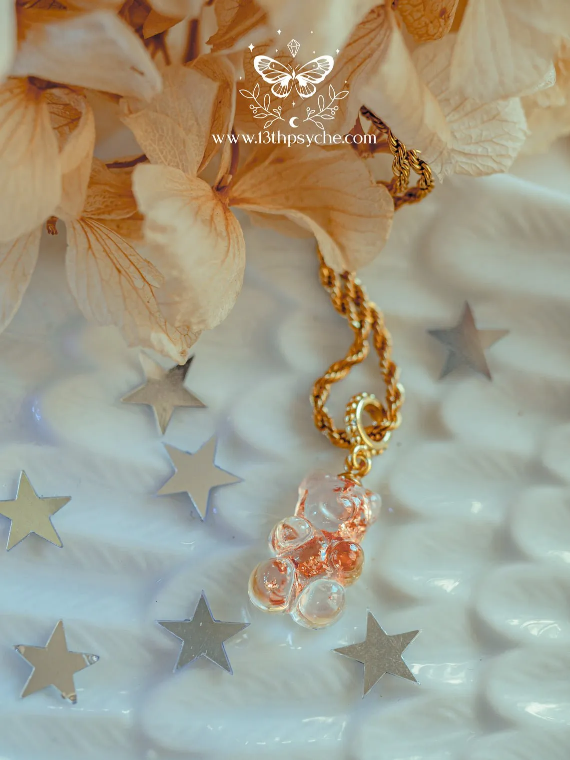 Metal flakes crystal clear gummy bear Necklace