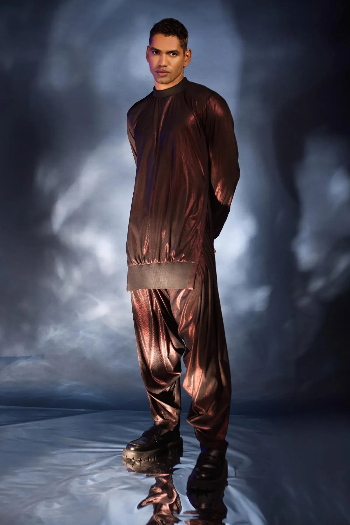 metallic copper jacket with tunic and cowled pants