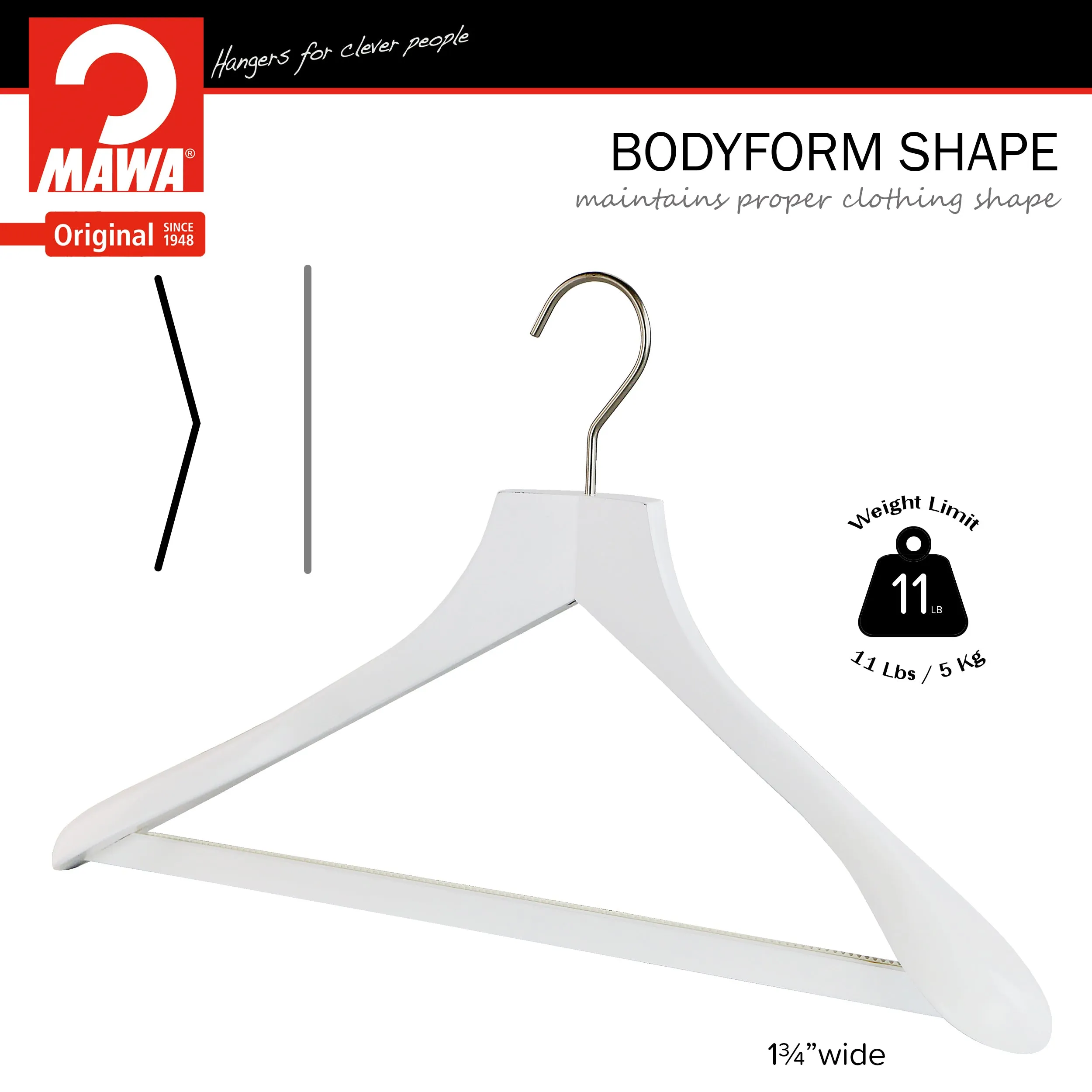 Metropolis Series, Bodyform Wide Shoulder Coat Hanger with Pant Bar, Profi 45/SV/HRS, White, Silver Hook