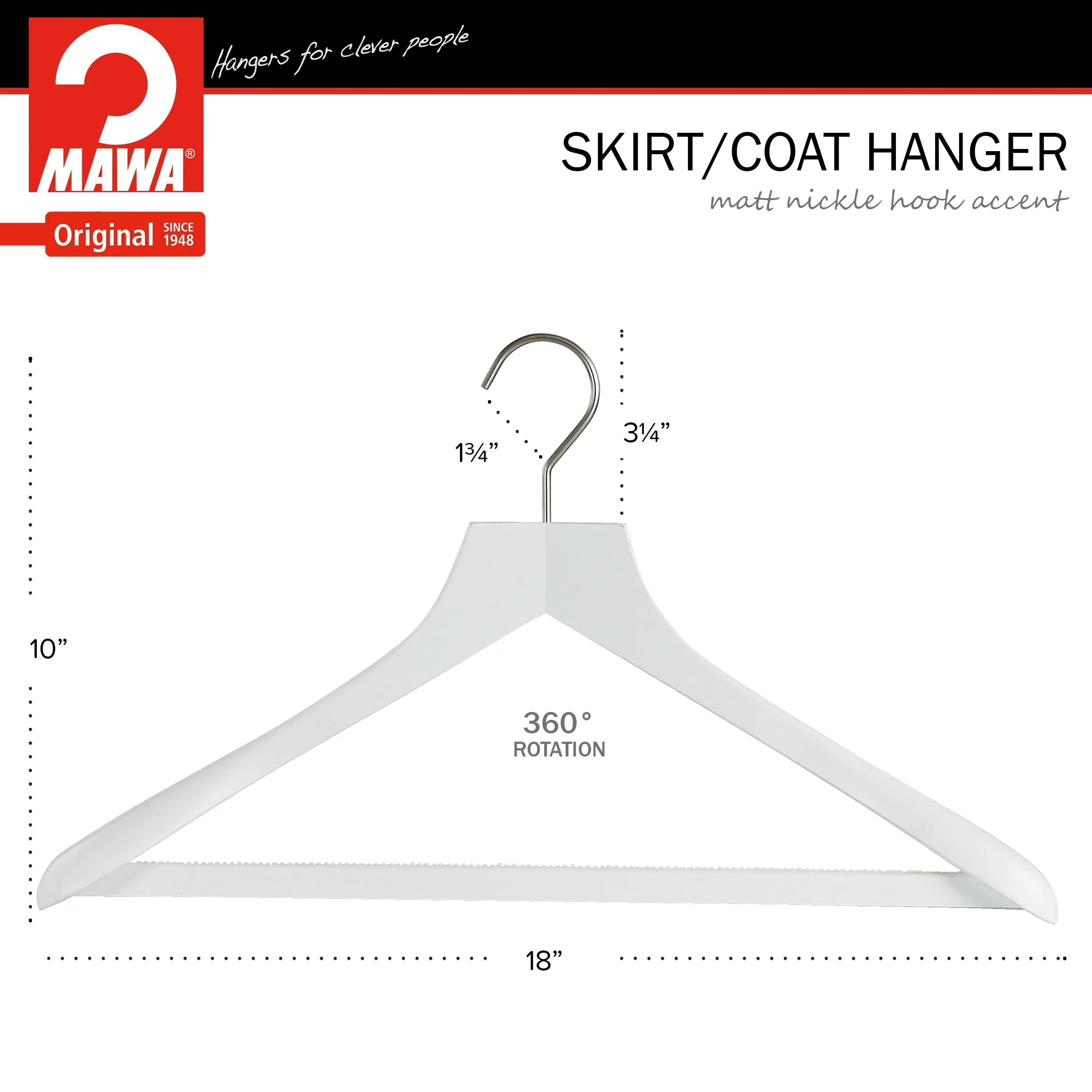 Metropolis Series, Bodyform Wide Shoulder Coat Hanger with Pant Bar, Profi 45/SV/HRS, White, Silver Hook