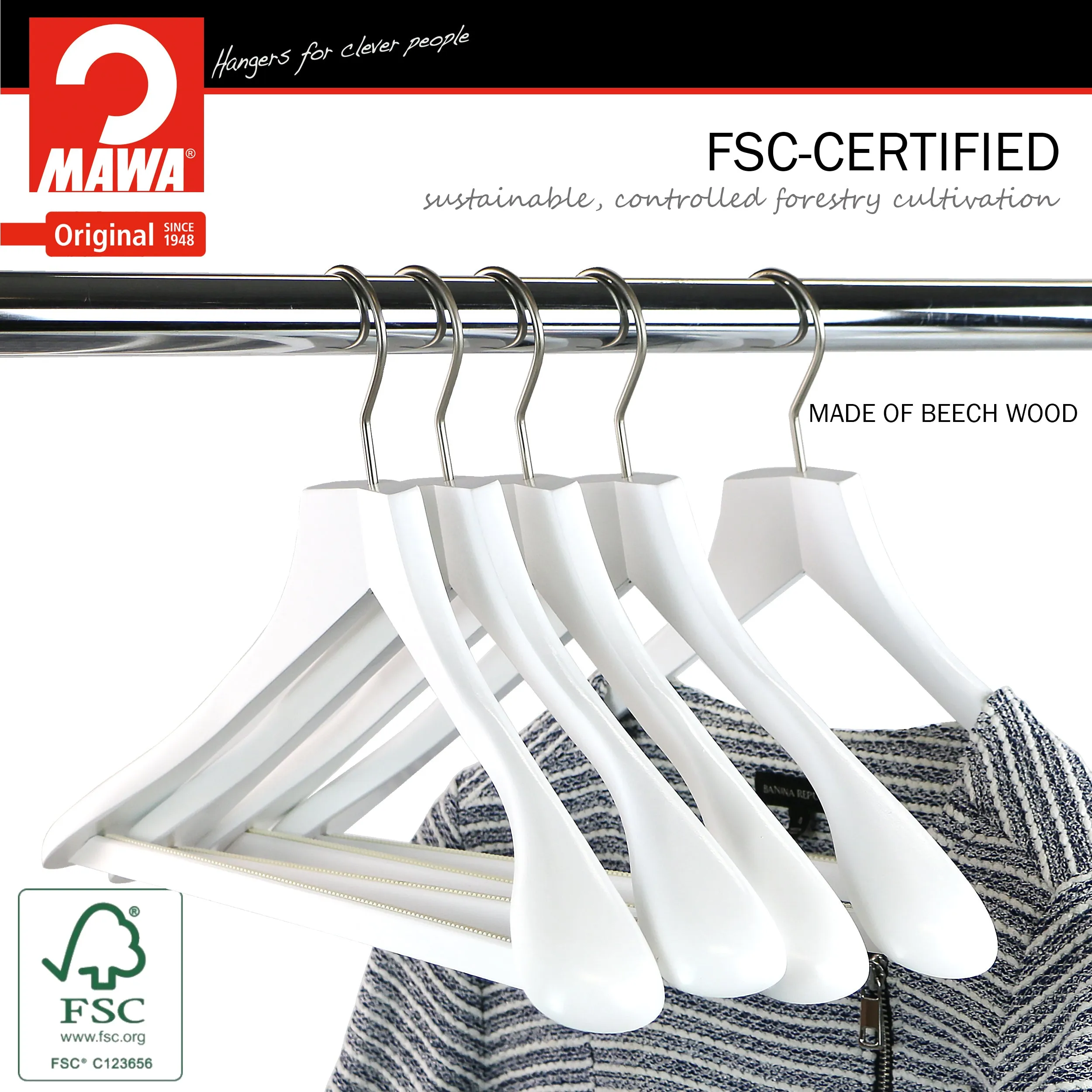 Metropolis Series, Bodyform Wide Shoulder Coat Hanger with Pant Bar, Profi 45/SV/HRS, White, Silver Hook