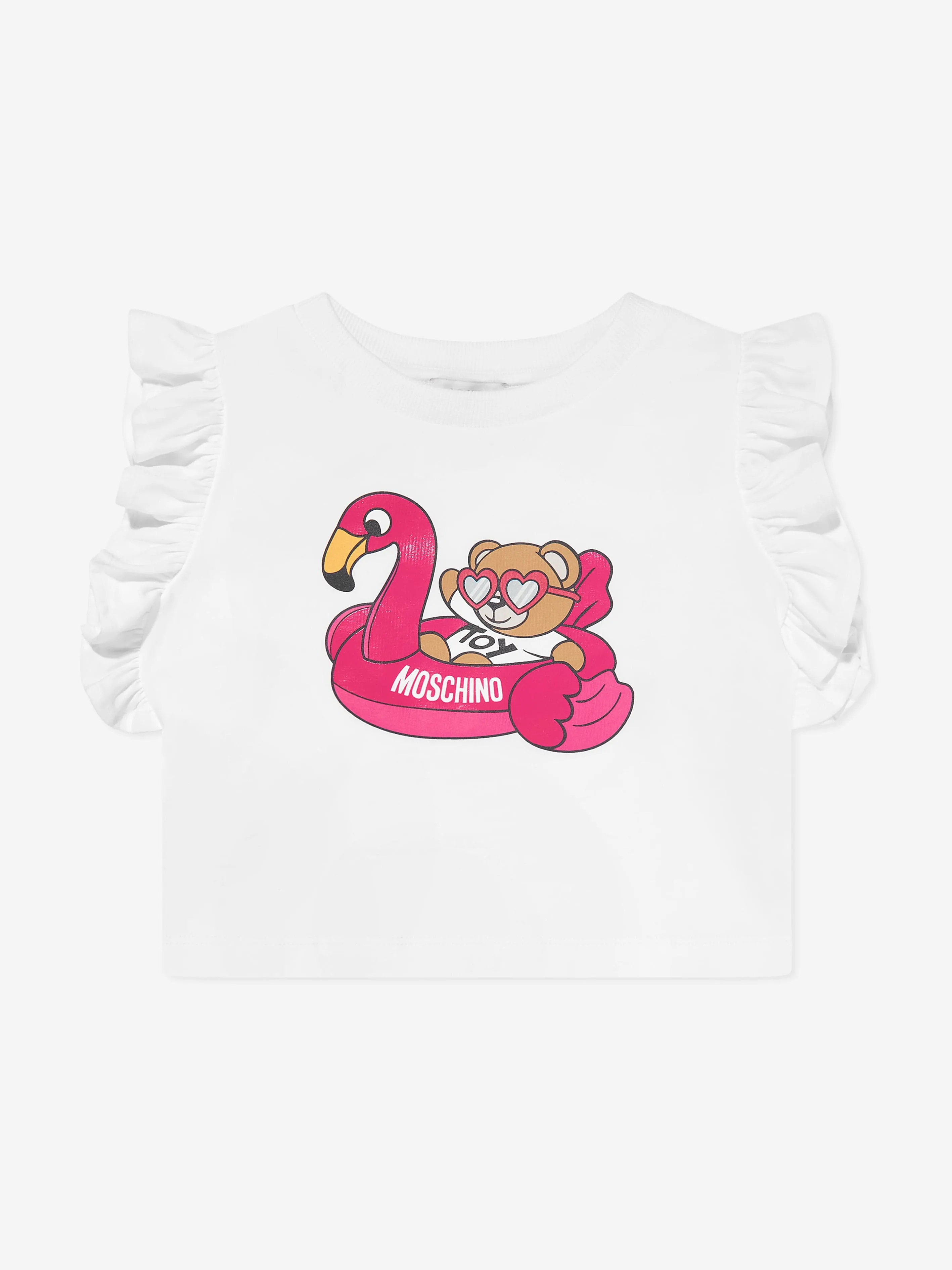 Moschino Girls Teddy And Flamingo T-Shirt in White