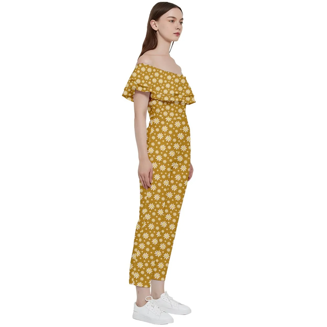 Mustard Yellow Jumpsuit, 70s Style Groovy Jumpsuit, Floral Boho Jumpsuit, Off Shoulder Jumpsuit, Retro Jumpsuit, Vintage Style Pants Overall