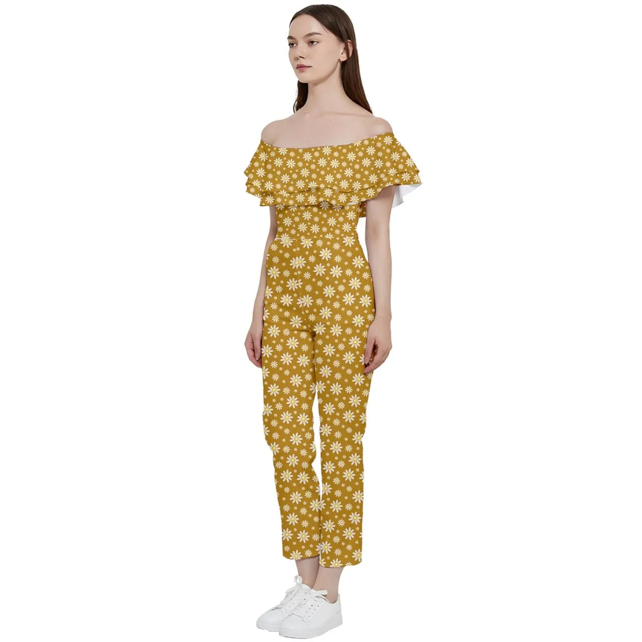 Mustard Yellow Jumpsuit, 70s Style Groovy Jumpsuit, Floral Boho Jumpsuit, Off Shoulder Jumpsuit, Retro Jumpsuit, Vintage Style Pants Overall