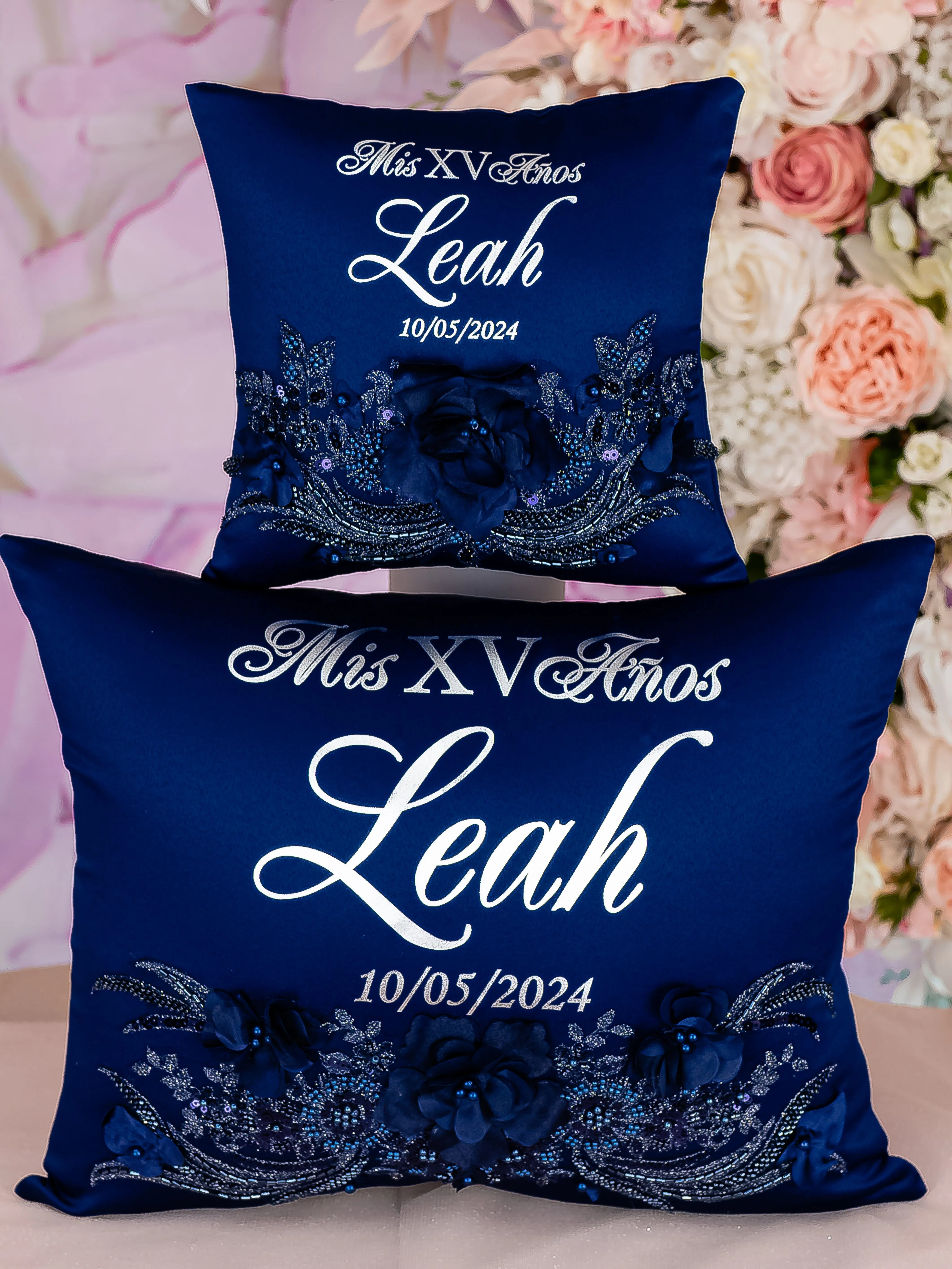 Navy Blue silver with flowers Quinceanera pillows set and teddy bear