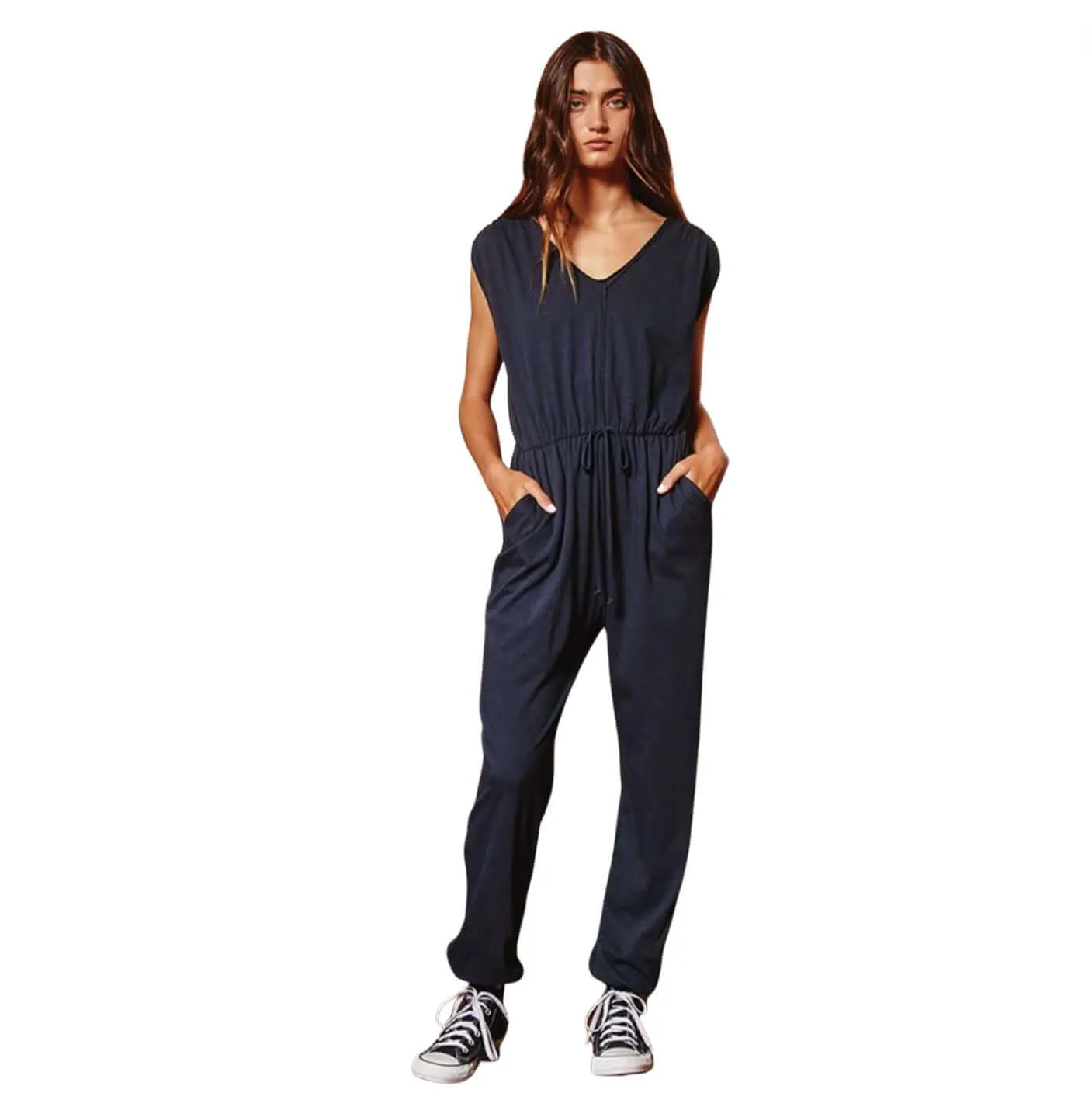 Navy Cotton Drawstring Waist Jumpsuit Made in USA