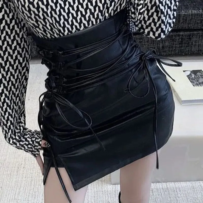 Nukty Black Leather Mini Skirts Women Gothic High Waist Slim Fit Lace-Up Pencil Skirt Female Sexy Club Back Zipper Split Bag Hip Skirt