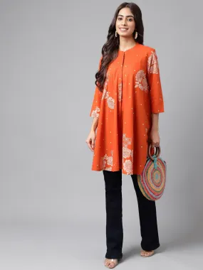 Orange Cotton Floral Printed Flared Tunic  - By Janasya