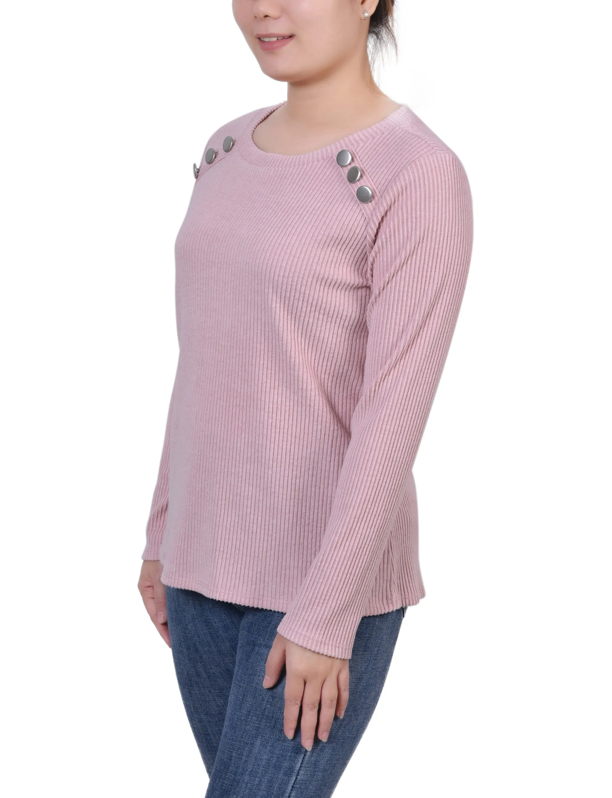 Petite Long Sleeve Ribbed Button Detail Top