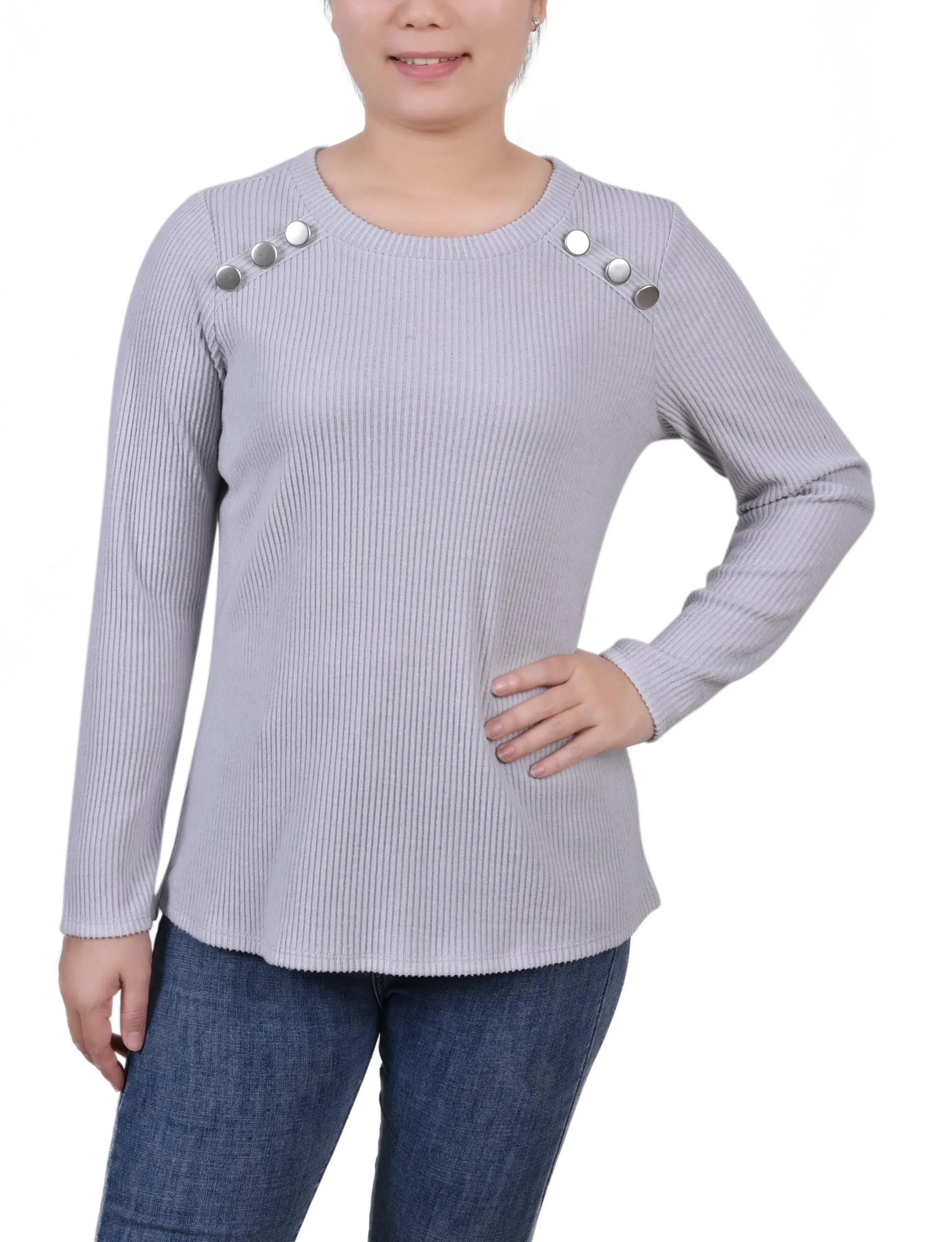 Petite Long Sleeve Ribbed Button Detail Top