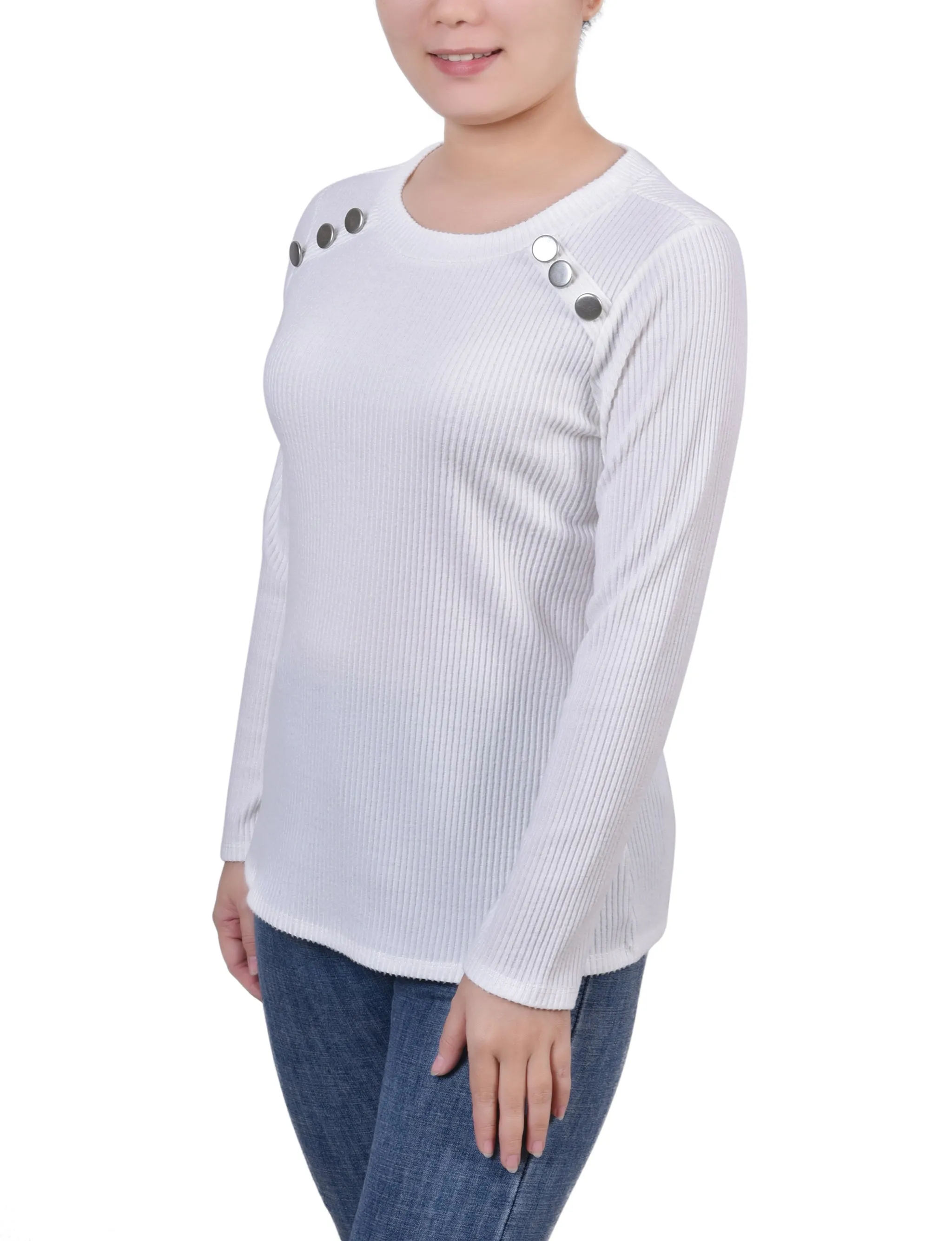 Petite Long Sleeve Ribbed Button Detail Top