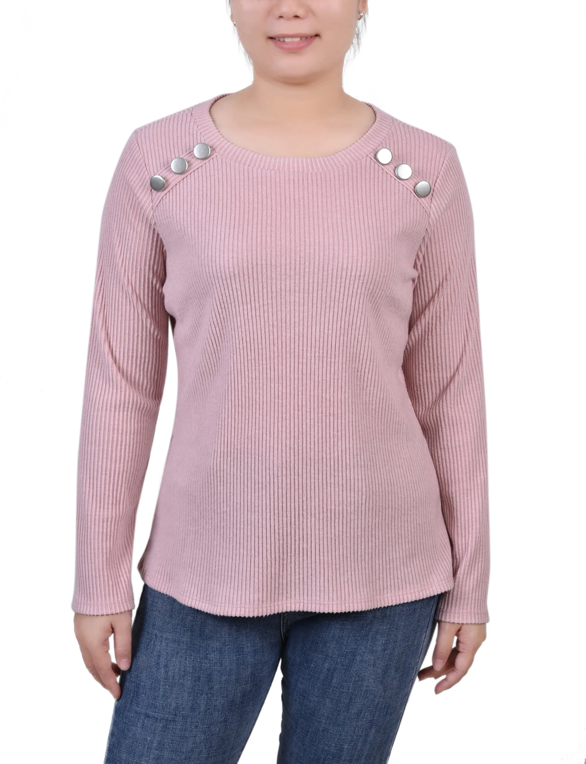 Petite Long Sleeve Ribbed Button Detail Top