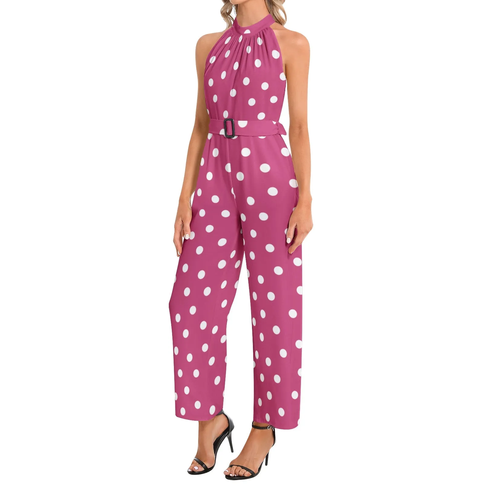 Pink Polka dots Halter Neck Buckle Belted Jumpsuit