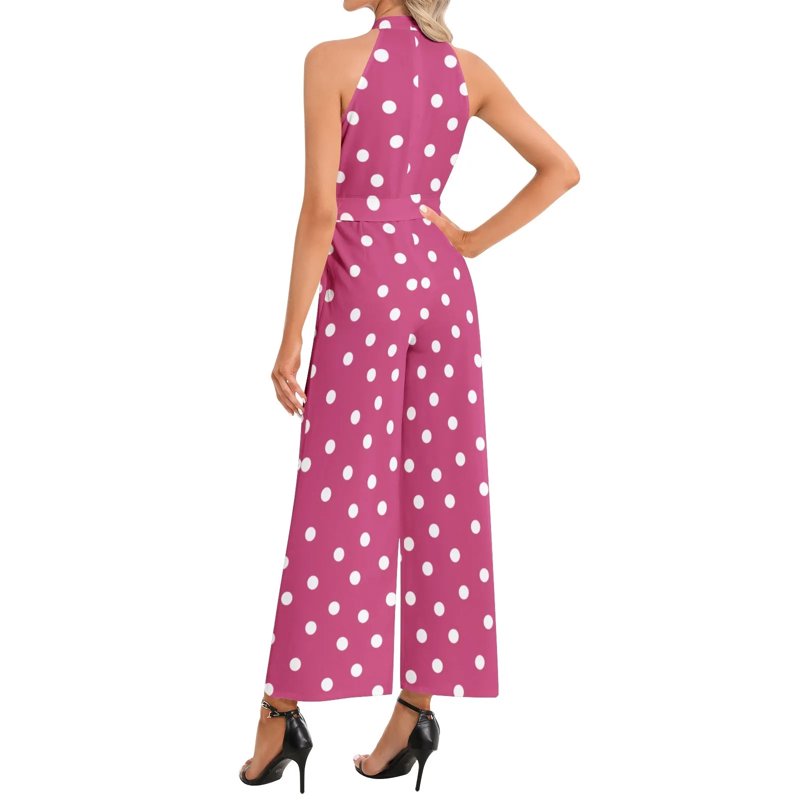 Pink Polka dots Halter Neck Buckle Belted Jumpsuit