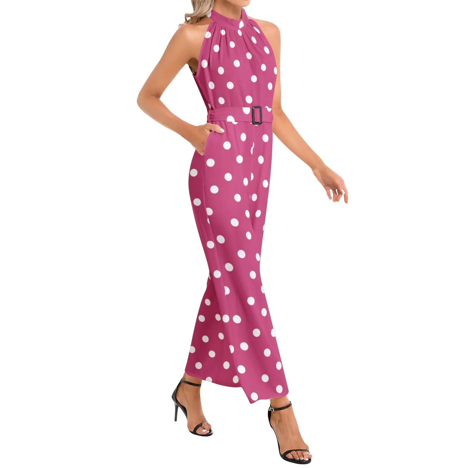 Pink Polka dots Halter Neck Buckle Belted Jumpsuit