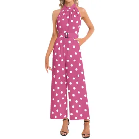 Pink Polka dots Halter Neck Buckle Belted Jumpsuit