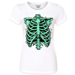 Pins & Bones Women's Skeleton Rib Cage, Inner Bones Horror Themed White Cotton T-Shirt