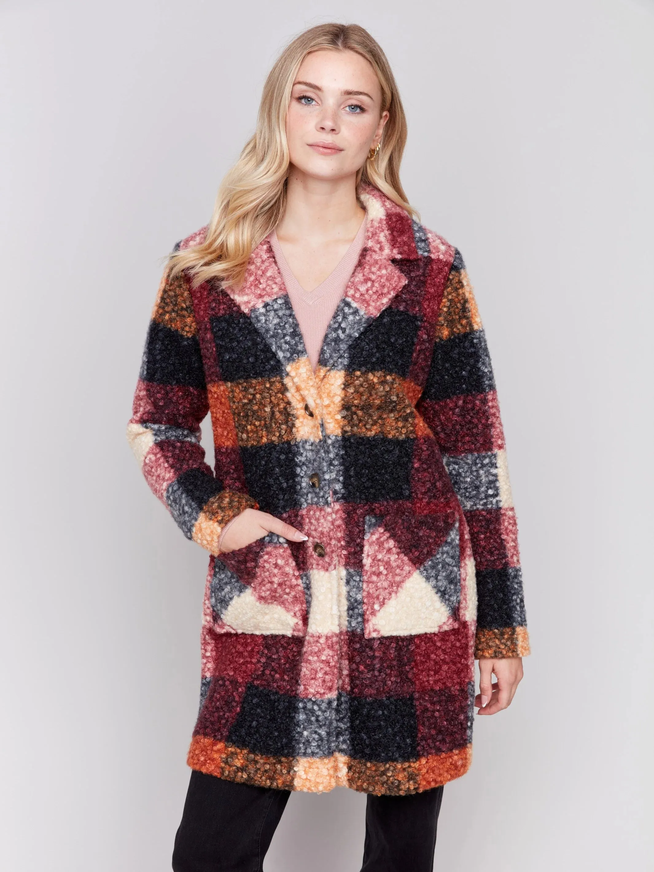 Plaid Bouclé Knit Coat