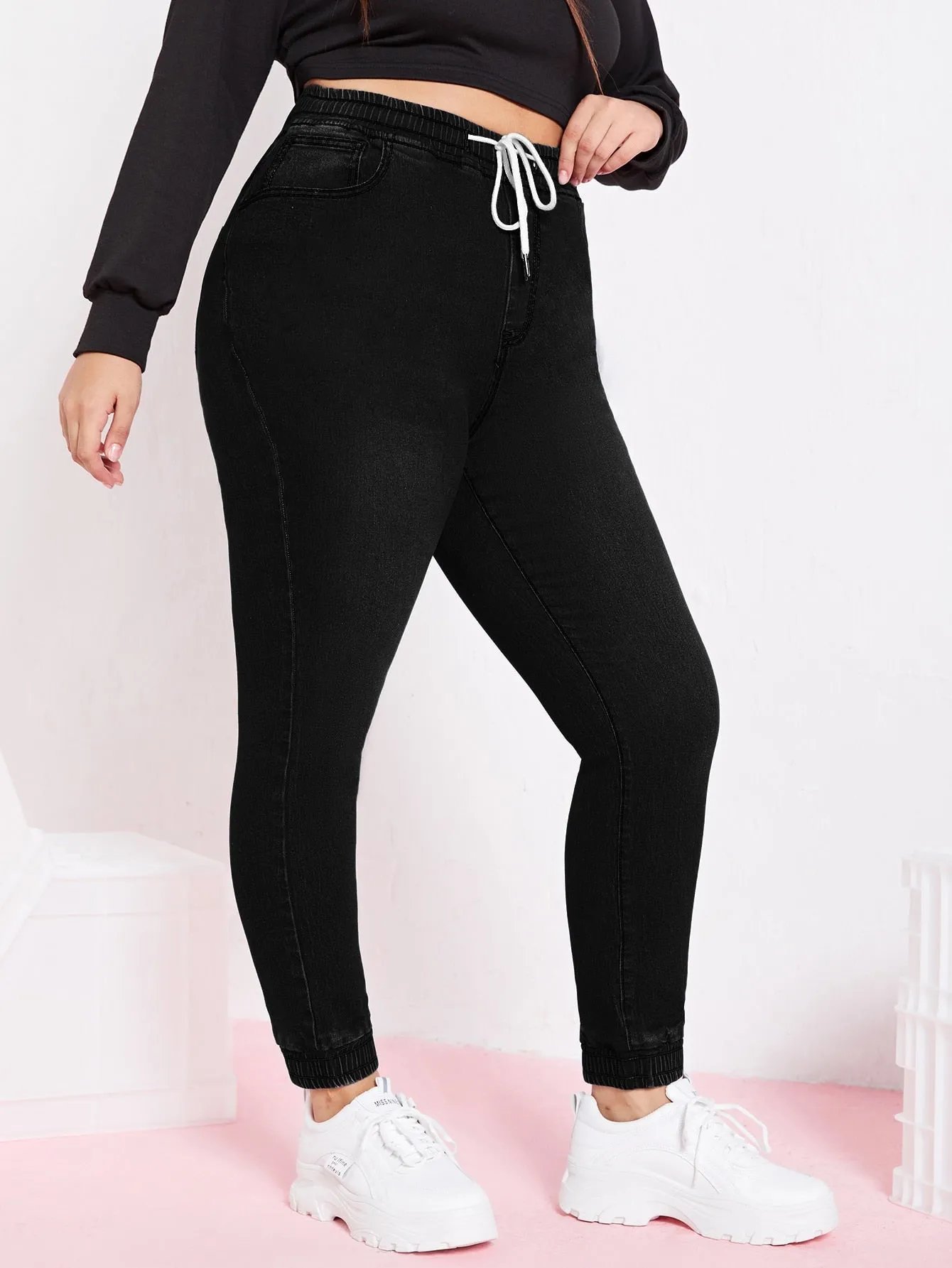 Plain Pocket High Waist Cropped Plus Size Jeans